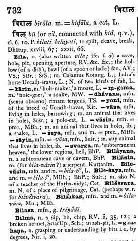 Monier-Williams Sanskrit-English Dictionary, p. 732 column 1 excerpt. The excerpt starts at 'birAla' and stops at 'bilma'.